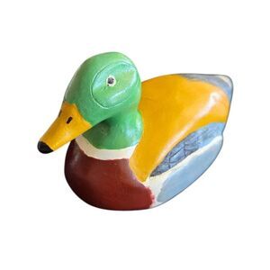 Hand Painted Carved Wooden Mallard Duck Mini 5" Figurine Green 90s Cabin Decor